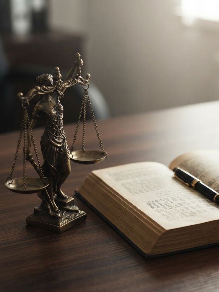 Balanza de la justicia y libro de derecho sobre un escritorio de despacho.