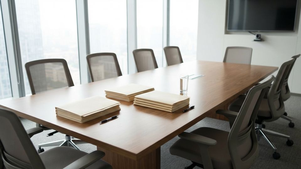Sala de reuniones preparada para firmas, seguimiento de expedientes y atención a clientes.